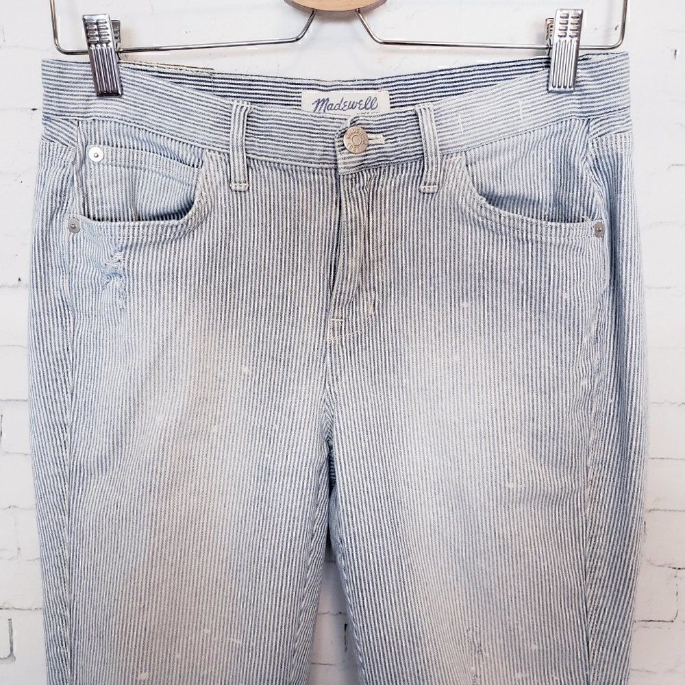 Madewell Hickory Stripe Jeans Size 25 Blue White Distressed Slim Straight